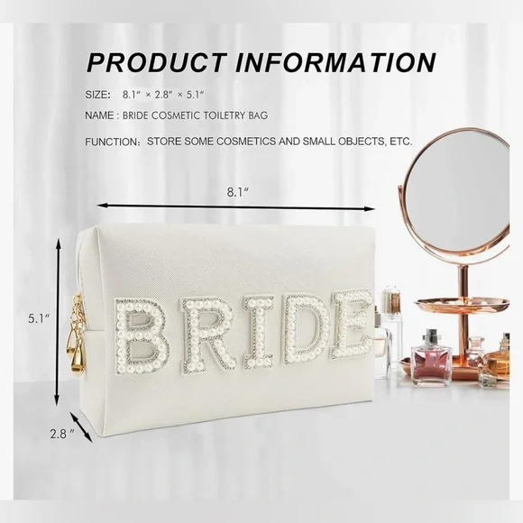 ♥️ Makeup Bag Bride Engagement Gift White Pearl Rhinestone Travel Toiletry Bag - Picture 4 of 6